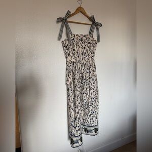 Women’s Floral Tie-Shoulder Sundress Midi Dress — Cream with Blue Print - XL